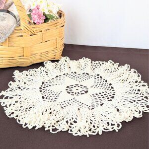 Antique Crocheted 12" Round Doily Star Pattern Frilly Handmade Dresser Scarf